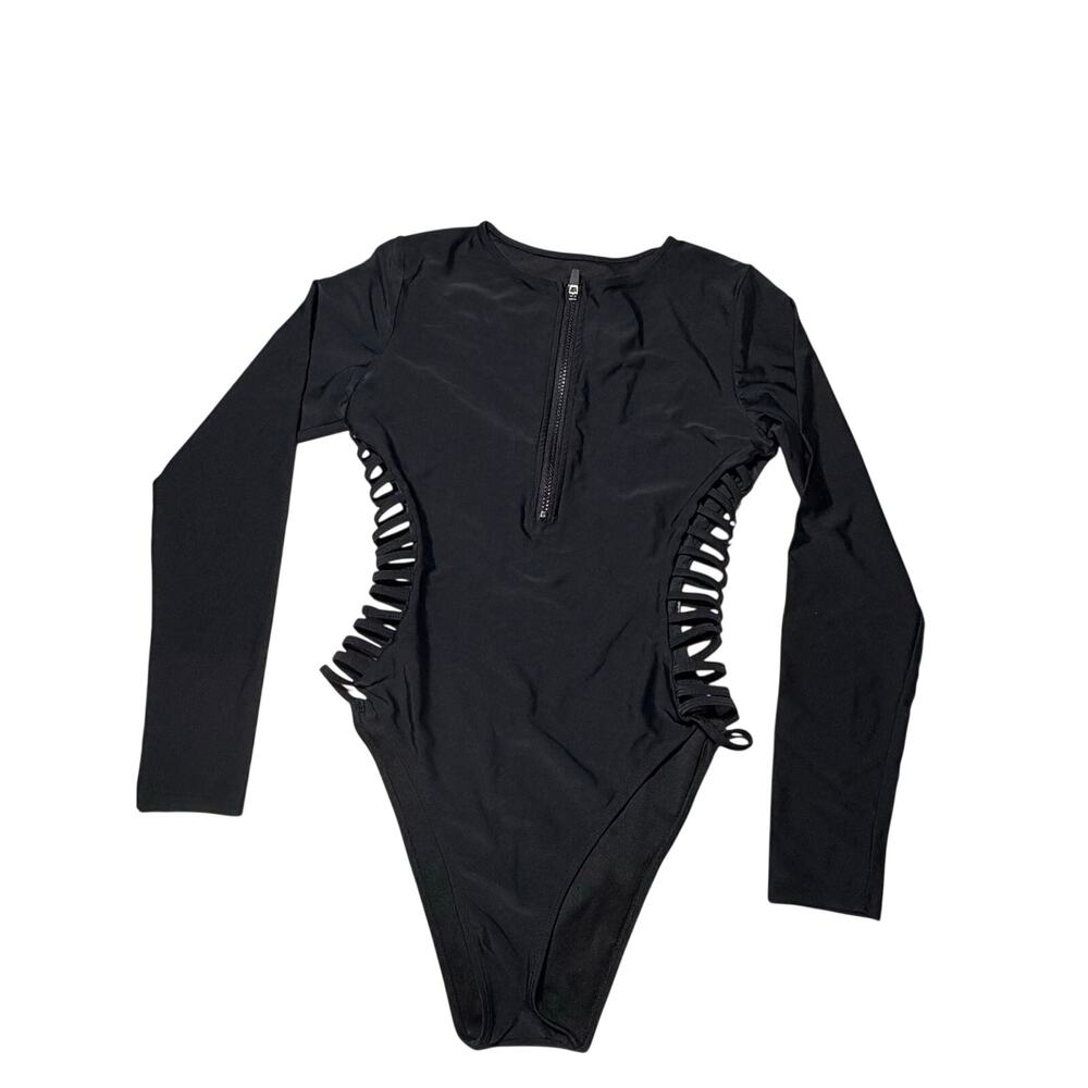Forever 21 Black Long Sleeve Zip One-Piece Swimsuit Large